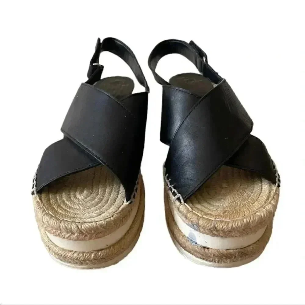 Marc Fisher Gandy Black Platform Wedge Espadrille Leather Sandals SZ 9M